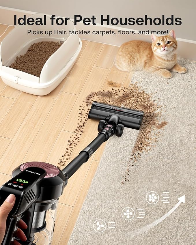 Cordless Vacuum Cleaner, 40Kpa 45Mins Vacuum Cleaners for Home, 8-in-1 Lightweight Stick Vacuum with Powerful Suction, Anti-tangle Wireless Vacuum for Carpet, Tile, Pet Hair, Hardwood Floors, Black