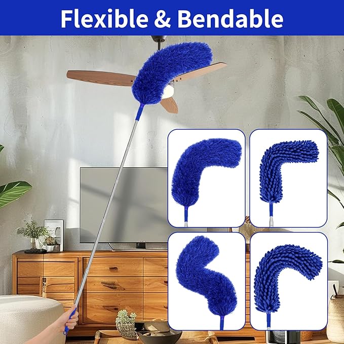 PHABLUS 10 PCS Dusters for Cleaning, Microfiber Duster with Extension Pole Up to 100'', Bendable Washable Cleaner Dusters for Ceiling Fans, High Ceiling, Furniture, Blinds