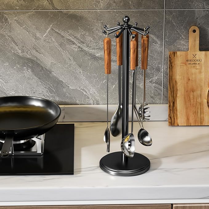 Kitchen Countertop Utensil Holder, Stainless Steel Rotatable Cooking Utensils Holder with 8 Rotating Hooks, Hanging Organizer for Spoon, Spatula, Black
