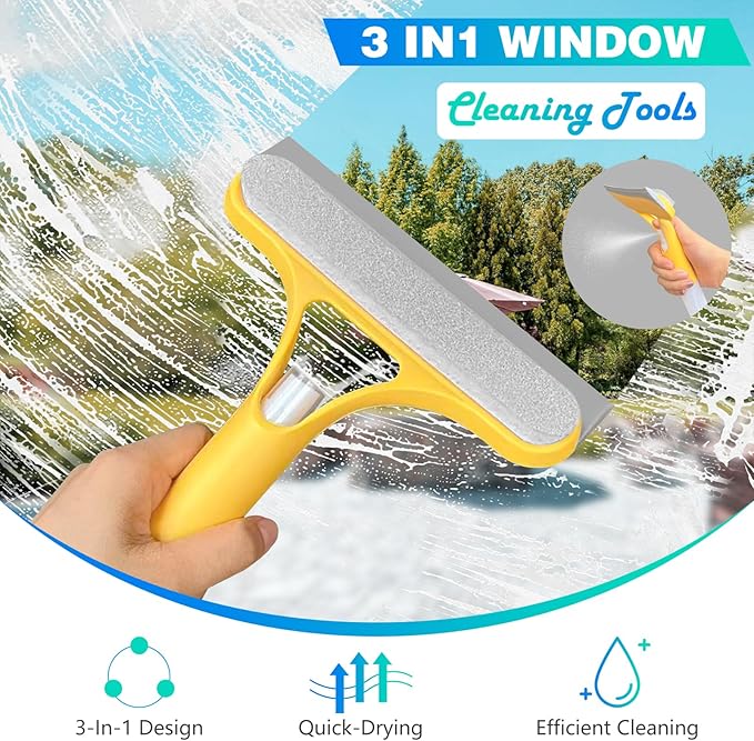 3-in-1 Window Squeegee with Sprayer – Professional Glass Cleaner Tool for Shower, Mirror, Car & Kitchen | Streak-Free Scraper with Ergonomic Handle & Large Capacity Bottle(Yellow + Blue + White)
