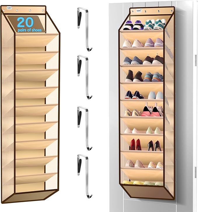10 Tier Hanging Shoe Rack - Heavy Duty Behind the Door Hanging Shoe Rack, Sturdy Oxford Cloth, 20+ Pairs Over the Door Shoe Cabinet for Boots and Sneakers - Save 50% Closet Space! (Beige)