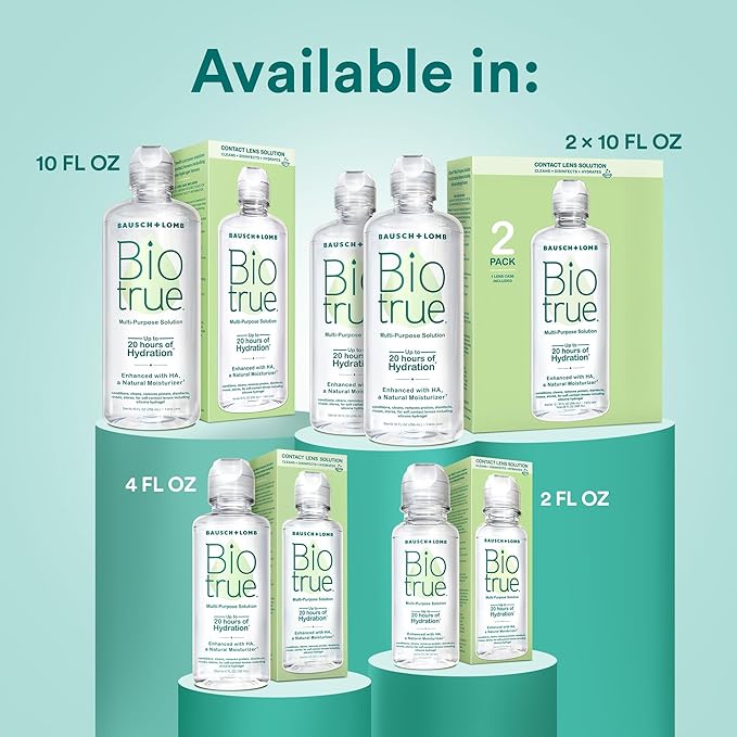 Biotrue Contact Solution, Multi-Purpose Solution with Lens Case, Cleans, Conditions, Hydrates, Disinfects, Removes Protein, Dirt & Debris, Contact Lens Cleaner & Storage, 10 Fl Oz (Pack of 2)