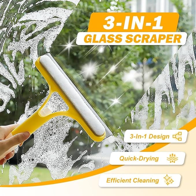 3 in 1 Window Cleaning Scraper, 2025 New Multi-Function Glass Cleaner Squeegee Tool for Shower Glass, Tile, Mirror Cleaning, All-Purpose Spray Function Brush with Ergonomic Handle (White)