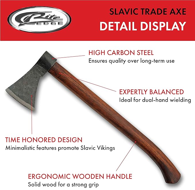 SZCO Supplies 16" Viking Style Hand-Forged Axe - Carbon Steel Blade with Wooden Handle, Medieval Slavic Trade Axe for Chopping, Camping, and Historical Reenactments