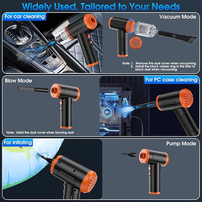 Compressed Air Duster, 100000RPM Handheld Car Vacuum/Air Blower& Pump, 3 Gear Adjustable Electric Air Duster/Car Vacuum Cleaner, Keyboard Duster with LED Light-10 Kits Air Blower for Computer(Orange)