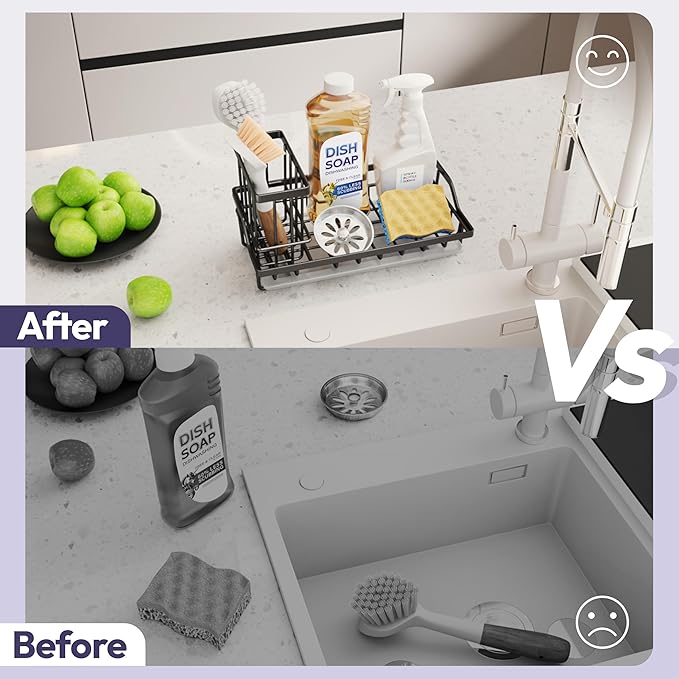 SWTYMIKI Large Sink Caddy Kitchen Sink Organizer with Detachable Brush Holder, Stainless Steel Sponge Holder with Removable Drip Tray Sponge Caddy for Kitchen Countertop, Black