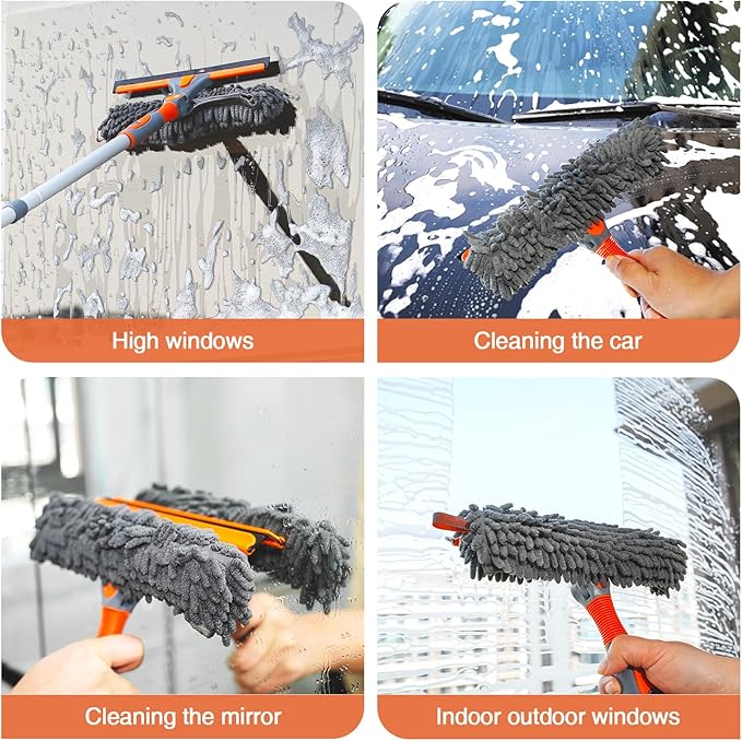 Eazer 89'' Squeegee Window Cleaner 2 in 1 Rotatable Window Cleaning Tool Kit with Extension Pole, Window Washing Equipment with Bendable Head for Indoor/Outdoor Window and Car Glass