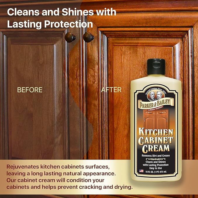 Parker & Bailey Kitchen Cabinet Cream, Multi Surface Cleaner & Furniture Cleaner, Quick Shine Wood Restorer & Protector for Cabinets, Tables & Surfaces, Renews & Restores a Finish for Wood, 16oz
