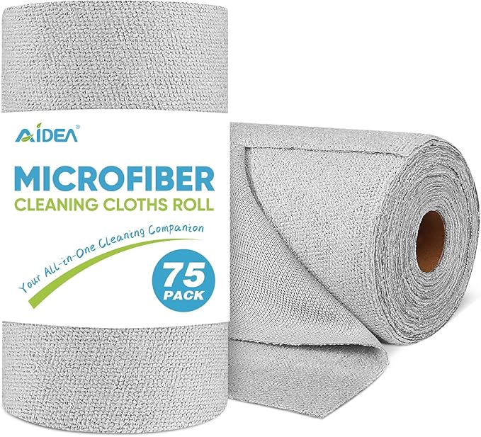 AIDEA Microfiber Cleaning Cloth Roll, Grey 75PK, Reusable Paper Towels Tear Away Cloth, Microfiber Towels for Cars, Wash Cloths, Lint Free Rags for House, Kitchen,Window,Cleaning Supplies 11.5"×11.5"