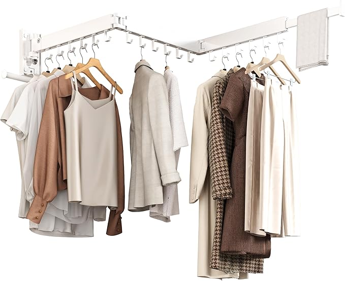 Wall Mounted Collapsible Clothes Drying Rack, Space-Saving Laundry Drying Rack Clothing Hanger, Durable Foldable Design Extends Left, Right & Up for Upgraded Versatility