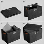 17" Large Collapsible Storage Bins with Lids, Stackable Closet Organizers with PU Handle and Labels, 3-Pack Decorative Fabric Storage Boxes for Home, Bedroom, Closet, Office, Nursery(Black)