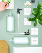 Vine Creations Clear Glass Soap Dispenser, 2 Pack Kitchen Soap Dispenser Set with Stainless Steel Pump, 16 oz Dish Soap and Hand Soap Dispensers for Bathroom with Waterproof Labels