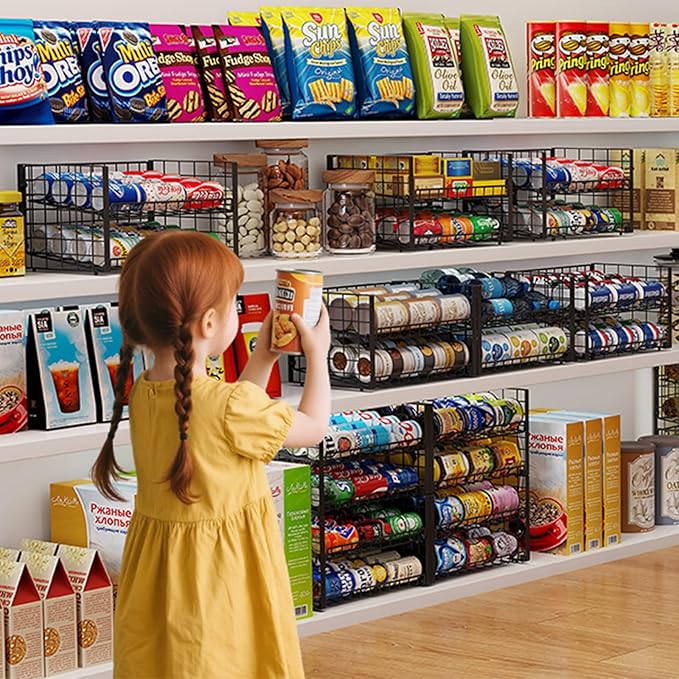 3-Pack Stackable Can Rack Organizer for Pantry, Adjustable Can Holder for Various Ounce of Cans up to 90, Rolling Can Dispenser for Canned Food Soup Goods Storage in Kitchen Cabniet, 2 Tier, Black