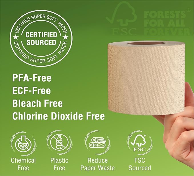 Eco Toilet Paper, 12 Rolls, 3-Ply, 300 Sheets, 100% Unbleached Bamboo, Chemical-Free, PFAS-Free, Vegan, Plastic-Free, Plant-Based Tissue, FSC Certified, Gentle, Strong & Sustainable