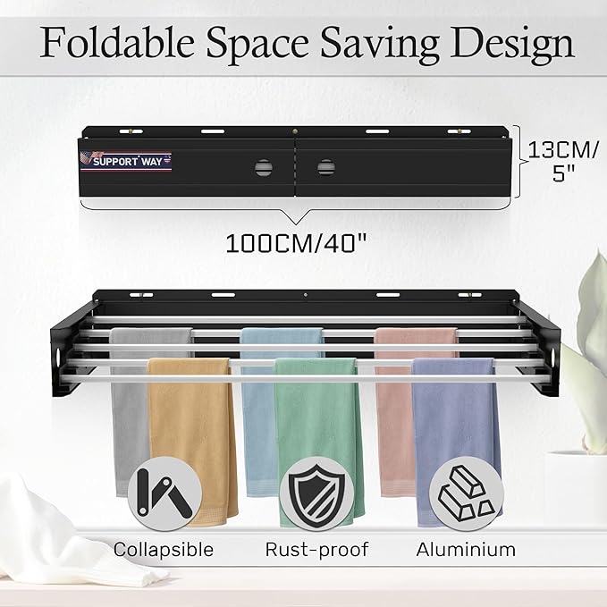 Foldable Wall Mounted Drying Rack, 40'' Wide Aviation Aluminum Laundry Drying Rack Collapsible with 5 Rods, 100LB Capacity, Pull Out Design Towel Drying Racks for Laundry Wall (Black, 40")