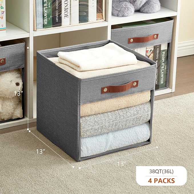 Storage Cube Organizer with Clear Window, Linen Collapsible Storage Boxes with PU Handles, Cube Storage Bins for Shelf, Closet, Cabinet, Bookcase (13x13x13, Gray)