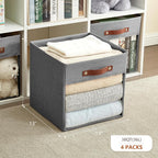 Storage Cube Organizer with Clear Window, Linen Collapsible Storage Boxes with PU Handles, Cube Storage Bins for Shelf, Closet, Cabinet, Bookcase (13x13x13, Gray)