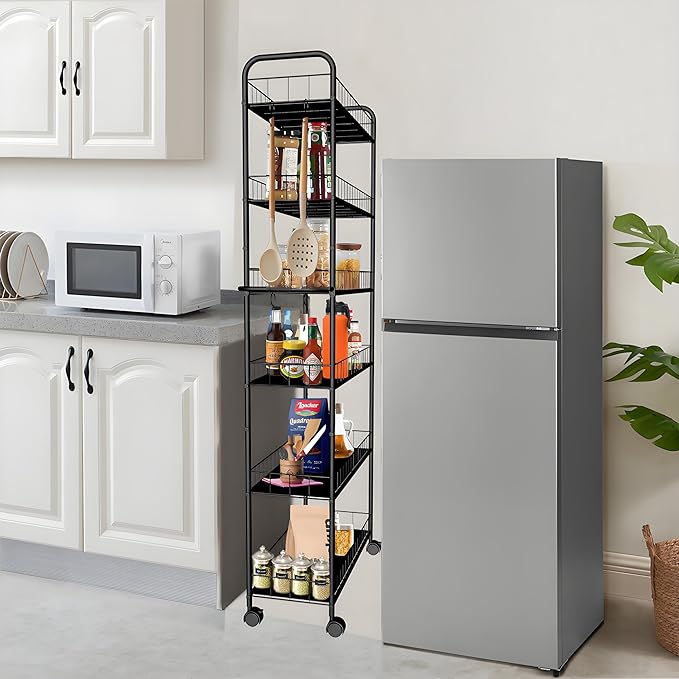 6 Tier 10in Slim Rolling Storage Cart with Handle, Mobile Shelving Unit with Wheels, Metal Wire Storage Rack with Baskets for Kitchen Bathroom Office Laundry Narrow Piaces