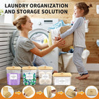 4PCS Laundry Pods Container, Clear Laundry Room Organization and Storage with Bamboo Lids, 3 Premium Scoops & Labels – Ideal for Scent Booster Beads, Dryer Balls, Sheets & Powder