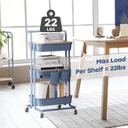 DTK 3 Tier Utility Cart with Cover Board, Rolling Cart with Lockable Wheels, Cups, Hooks for Home Office, Art Craft Storage, Home School Organization and More Uses(Blue)