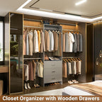 Aheaplus Closet System, Closet Organizer with 3 Wooden Drawers, Closet Organizer System, Walk-in Closet Wardrobe Clothes Rack with 4 Hanging Rods, Garment Rack, -4R, Grey