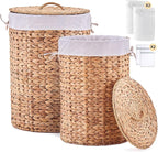 Round Water Hyacinth Laundry Hamper with Lid Handwoven Wicker Basket with Handles for Dirty Clothes, Storage, and Organization Ideal for Bedroom, Bathroom, and Laundry Room, No Assembly Required, 2Pcs