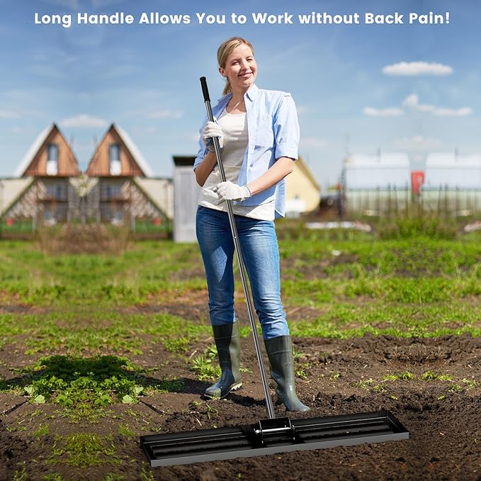 Goplus Lawn Leveling Rake, 42" x 10" Heavy Duty Level Lawn Tool w/ Ergonomic Handle for Soil, Effort-Saving Landscape Rake for Garden, Backyard, Golf Course, Farm, Pasture, Black