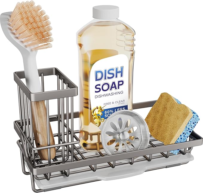 SWTYMIKI Sink Caddy Sponge Holder - Kitchen Sink Organizer with High Brush Holder for Countertop to Hold Dish Soaps and Sponges, Stainless Steel, Sand Nickel