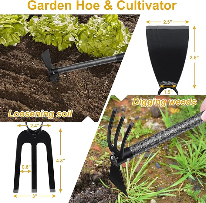 Hoe and Cultivator - 45” Long Handle - Heavy Duty Garden Hoe Tiller, Standing Hoe Garden Tools Durable Cultivator Hoes Hand Rake Fork for Gardening Weeding Planting Loosening Soil