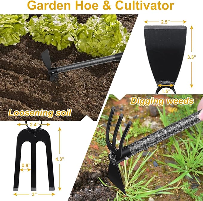 Garden Hoe, 2 in 1 Hand Hoe Garden Tools,45 Inch Long Handle,Garden Hoe and Cultivator for Weeding Cultivating Planting, Small Hand Rake Tiller for Flower Bed Gardening, Loosening Soil