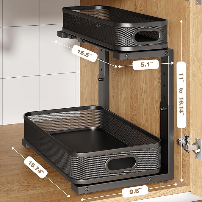 1 Pack 15.7IN-Depth Under Sink Organizer with Smooth Cylindrical Rail,2-Tier Pull Out Multi-Purpose Cabinet Storage for Bathroom&Kitchen,Height Adjustable,Rust-Resistant Coating-Black