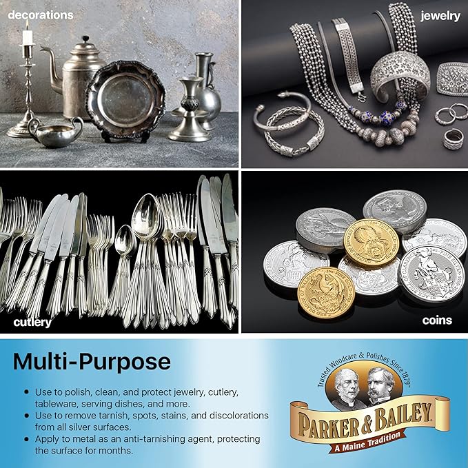 Parker & Bailey Silver Cleaner – Removes Tarnish and Restores Shine on Jewelry, Antiques, Utensils & Furniture, 8 oz Bottle