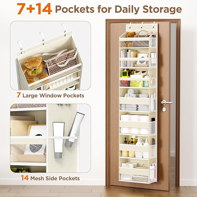 Over The Door Organizer, 7 Tier Door Hanging Organizers with 7 Large Pockets 12 Side Pockets, Behind Door Storage Hanging Shelves for Closet Bathroom Bedroom Nursery
