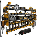 12 Cordless Drill Holder Large Power Tool Organizer Wall Mount with Side Pegboard & Screwdriver Holder, 4-Tier Heavy Duty Metal Tool Storage Rack with 4-Outlet Power Strip