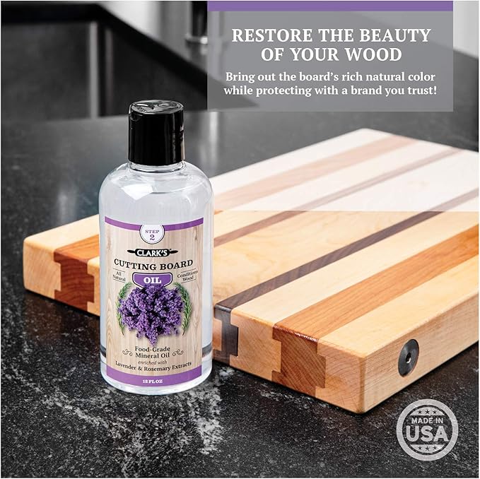 CLARK'S Cutting Board Care Kit - Includes Mineral Oil - Finishing Wax (6oz) - Applicator - Scrub Brush - Buffing Pad - Infused with Lavender and Rosemary Extract - Features Clark's Cutting Board Wax