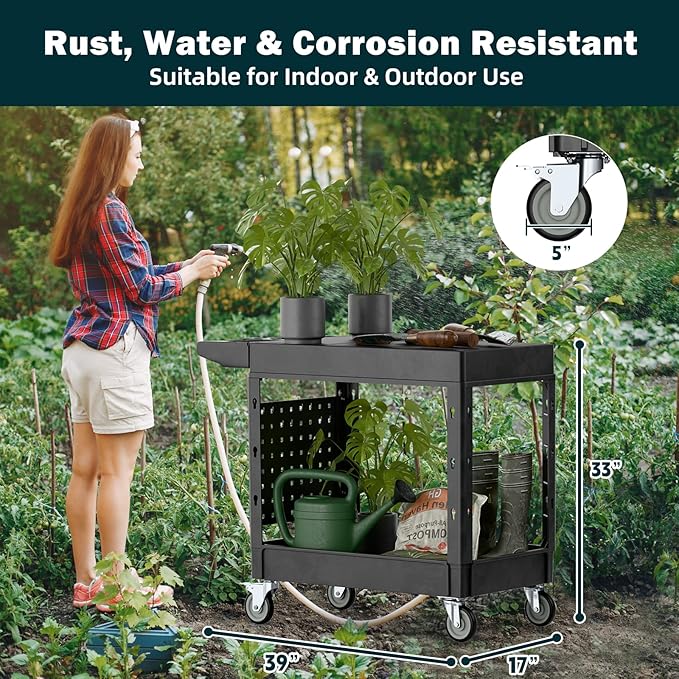 Heavy Duty Utility Service Tool Cart, 39 x 17 in, 2 Shelf Flat Top Rolling Cart with Hanging Board, 550LBS, Swivel Wheels, Ergonomic Handle for Garage, Warehouse, Office, Workshop, Auto Repair