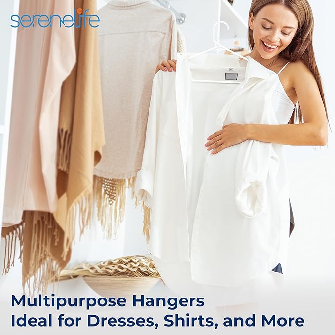 SereneLife Plastic Hangers 30 Pack - Space Saving Clothes Hanger - Durable & Strong Closet Organizers and Storage with Built-in Strap Hooks - Essential for Shirts, Pants, Skirts & Coats (White)
