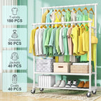 Double Rods Clothes Rack for Hanging Clothes, Heavy Duty Rolling Clothing Rack with Wheels, Freestanding Garment Racks with Oxford Bottom Shelf and Mesh Bottom Shelf for Bedroom Laundry (White)