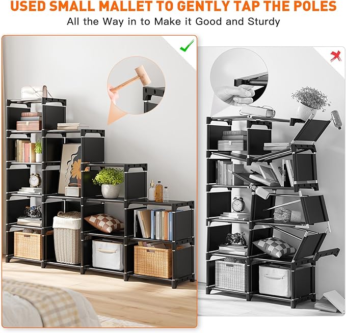 REIBII Book Shelf, 13 Cube Storage Organizer, DIY Tall Bookcase for Bedroom, Office, Living Room, 12" D x 47.24" W x 59.05" H, Black