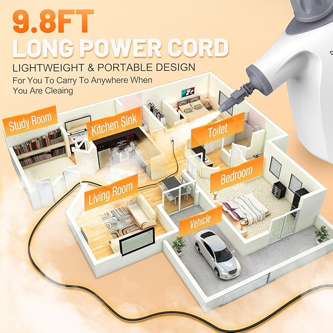Multi-Surface Handheld Pressurized Steam Cleaner with 11-Pieces Accessories, 15.2OZ Hands-free Portable Steamer for Cleaning, Multipurpose Steam Cleaner for Home|Upholstery|Car|Floor|Grout|More