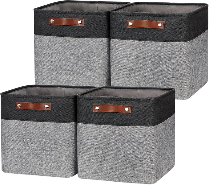 HNZIGE Fabric Cube Storage Baskets Bins Cube Baskets 11x11, Set of 4, Foldable Storage Cube Bin Baskets for Shelves with Handles, Bins for Cube Organizer Home Toy Nursery Closet Bedroom(Black White)