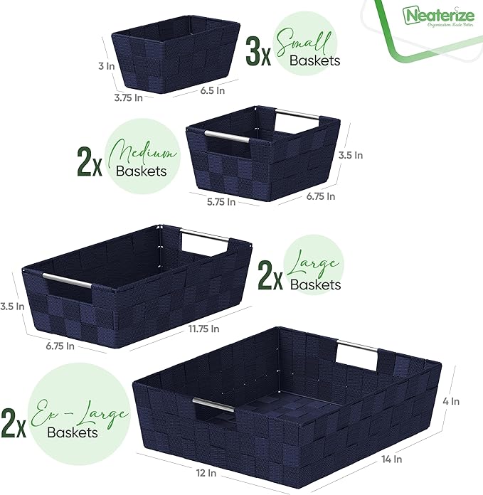 NEATERIZE Baskets For Organizing Set Of 9 Navy - Storage Baskets For Shelves - Perfect Closet Organizer Bins, Bathroom Basket, and Pantry Basket - Small Storage Bin For Shelves - Bin For Organization