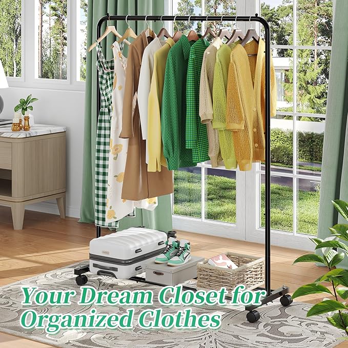 Simple Trending Standard Clothes Clothing Garment Rack with Storage Shelves, Rolling Clothes Organizer on Wheels for Hanging Clothes, Black