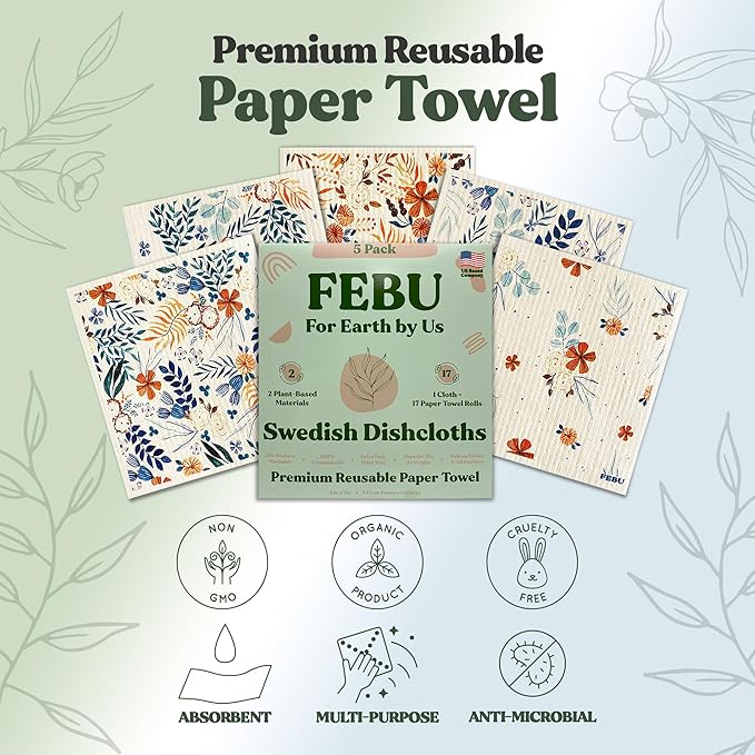 FEBU Swedish Dishcloths for Kitchen | 5 Pack Fresh Flowers Reusable Paper Towels Washable | Swedish Dish Towels | Non-Scratch Cellulose Sponge Cloths | No Odor, Biodegradable Cleaning Cloths