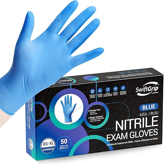 Disposable Nitrile Exam Gloves, Blue, Nitrile Gloves Disposable Latex Free, Medical Gloves, Cleaning Gloves, Food-Safe Rubber Gloves, Powder Free, Non-Sterile, 50-ct Box (Medium)