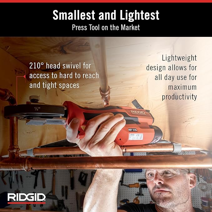 RIDGID 72558 Model RP 115 Mini Press Tool and Battery Kit with 1/2" to 3/4" ProPress and PureFlow Press Tool Jaws, 2V Li/Ion Battery, 12V Charger, and Carrying Case