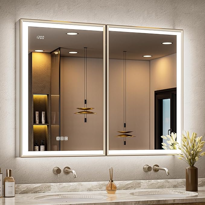 40x30 Lighted Medicine Cabinet with Mirror, Beveled Brushed Nickel Framed Surface or Recessed Fogless Dimmable LED Medicine Cabinet with Outlet, Time Display and Sensor Inner Light