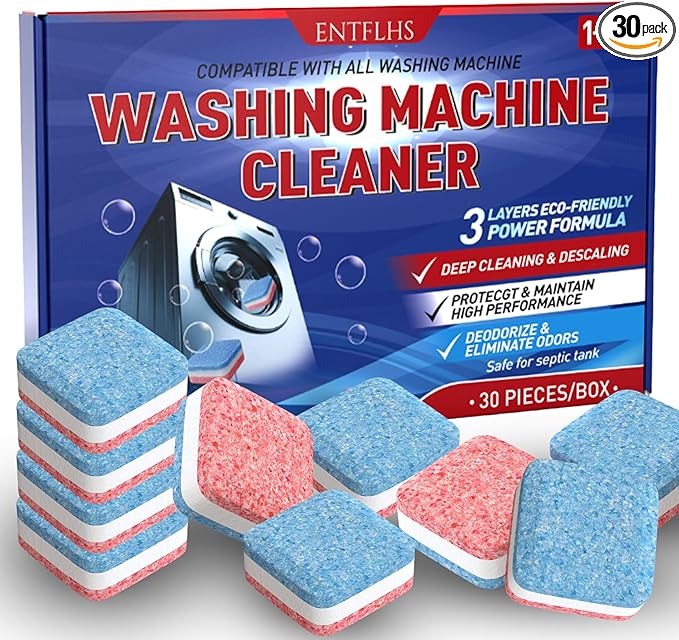 Washing Machine Cleaner Tablets 30 Pack - HE Top Load & Front Load Washer Cleaner, Eco Friendly Septic Safe, 3 Layers Deep Cleaning, Descaler & Deodorizer, 1+ Year Supply (30 Count