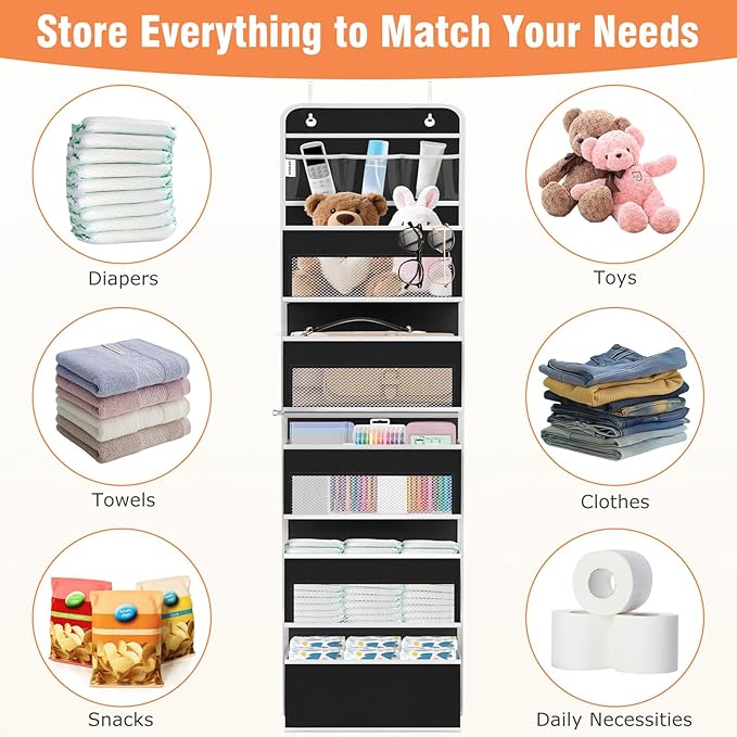 WISELIFE Over the Door Organizer - 6 Shelves Detachable Hanging Bedroom Storage Solution with 5 Large Pockets and 3 PVC Pockets for Dorm Bathroom, Pantry Nursery Baby Essentials (Black)