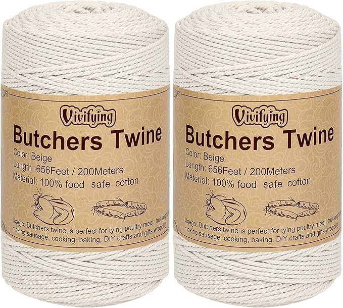 Vivifying Butchers Twine, 2pcs x 656 Feet 2mm Food Safe Cotton Bakers String for Tying Meat, Trussing Turkey, Making Sausage, Roasting, Cooking and Packing(Beige)